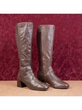 Sofft Women Cecily Waterproof Brown Leather Zip Almond Retro Knee Boots sz 8